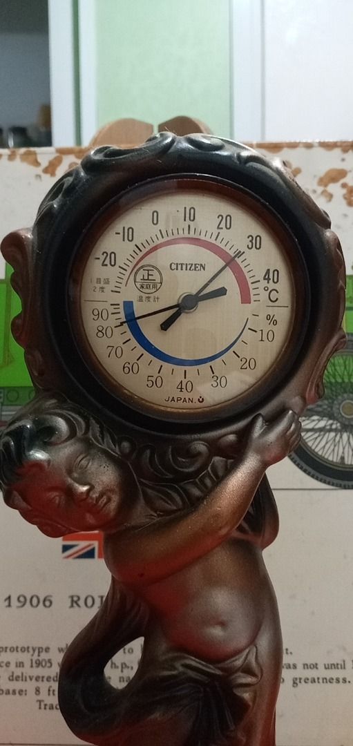 Vintage Cherub Statue with Citizen Thermometer (Category: Clocks) located in Paranaque City. Submitted by zuprocsejon38604 (Listing ID 1460074427, Image 2). Description: - Vintage cherub statue or angel - Features a Citizen clock and thermometer (Fahrenheit & Celsius) -bronze -toned or painted ceramic / composition finish - Ornate detailing on the base - Approximately 28 cm tall - Ideal for collectors or unique home decor.
