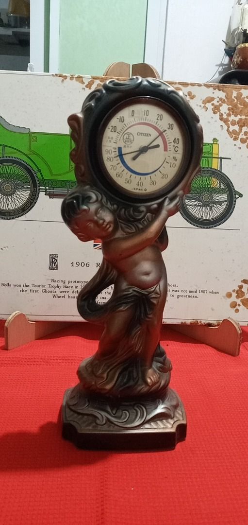 Vintage Cherub Statue with Citizen Thermometer (Category: Clocks) located in Paranaque City. Submitted by zuprocsejon38604 (Listing ID 1460074427, Image 1). Description: - Vintage cherub statue or angel - Features a Citizen clock and thermometer (Fahrenheit & Celsius) -bronze -toned or painted ceramic / composition finish - Ornate detailing on the base - Approximately 28 cm tall - Ideal for collectors or unique home decor.