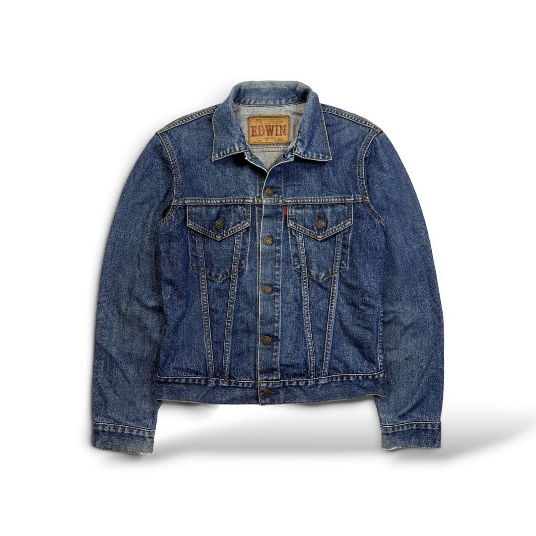 Vintage Edwin Medium-Wash Denim Trucker Jacket (Category: Coats, Jackets and Outerwear) located in Valencia. Submitted by raftawasil (Listing ID 1460046136, Image 1). Description: Made in Japan Measurements: Length: 23.5” Width : 18” Sleeves: 24” Size on tag: Medium Issue: Distressed cuffs making the piece more vintage look Condition: 8.5 / 10 .