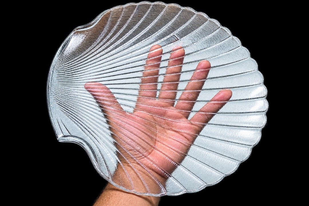 Vintage Glass Shell Platter (Category: Other Kitchenware & Tableware) located in Manila. Submitted by roibarbz (Listing ID 1459957975, Image 3). Description: The item appears to be a vintage Arcoroc France Coquillage clear glass scallop shell serving platter or plate, known for its textured fan shape and coastal design. Design: Scalloped sea shell or clam shell shape with ribbed fan details. Material: Pressed clear glass. Use: Serving platter or 