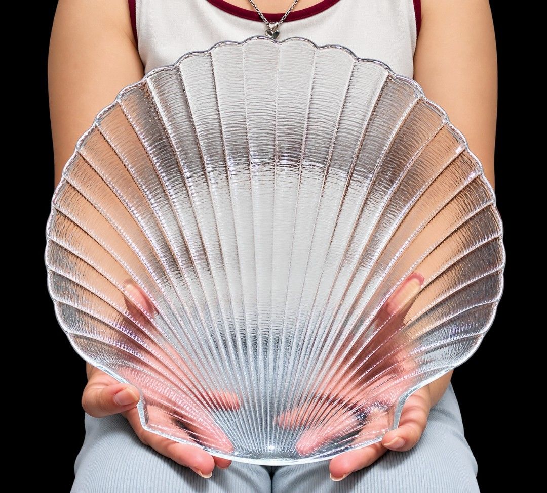 Vintage Glass Shell Platter (Category: Other Kitchenware & Tableware) located in Manila. Submitted by roibarbz (Listing ID 1459957975, Image 1). Description: The item appears to be a vintage Arcoroc France Coquillage clear glass scallop shell serving platter or plate, known for its textured fan shape and coastal design. Design: Scalloped sea shell or clam shell shape with ribbed fan details. Material: Pressed clear glass. Use: Serving platter or 
