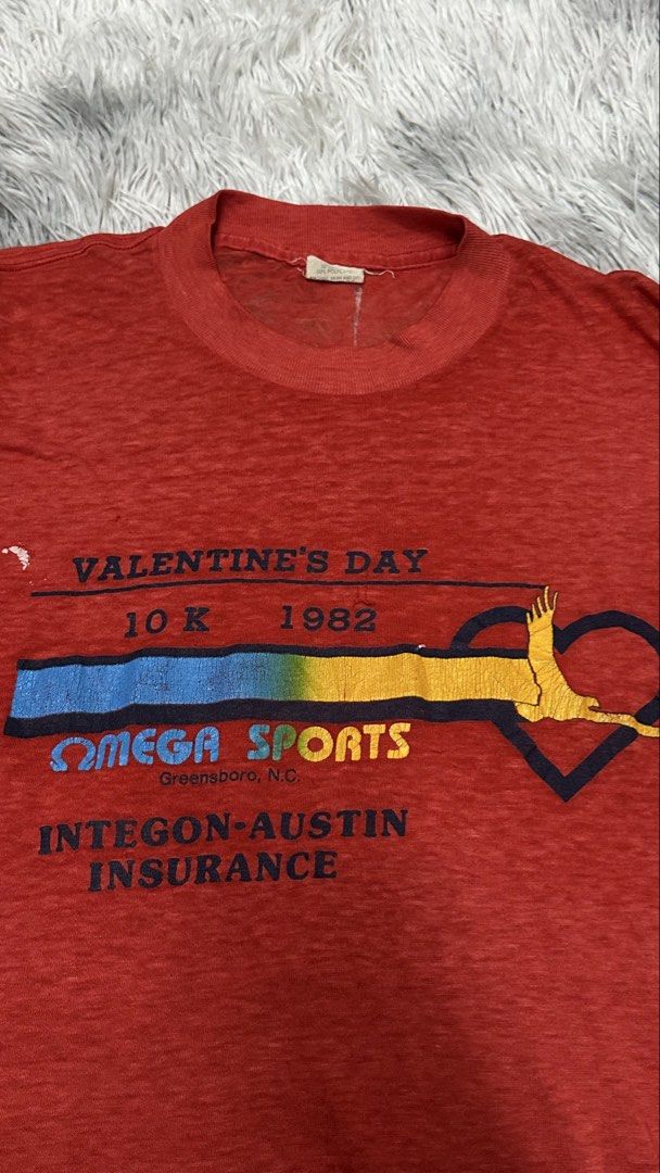 Vintage paper thin tee (Category: Tshirts & Polo Shirts ) located in Manila. Submitted by paulovenegaskalakal2020 (Listing ID 1459904301, Image 2). Description: For sale! Kalakal Vintage paper thin tee 1980's Roach tag Valentines day 1982 Omega sports- intergon austin insurance Medium- 16 width x 26.5 length inches Slice holes, stains Sign of usage Good MINE 2,890 +sf.