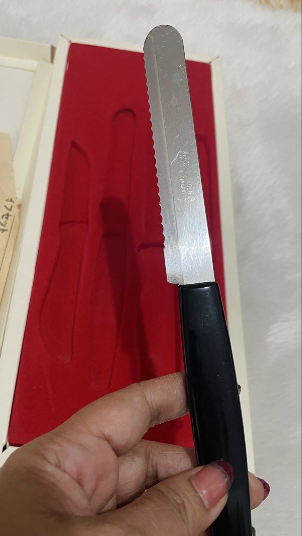 Vintage Solingen, Germany kitchen knife set AS IS (Category: Knives & Chopping Boards) located in Quezon City. Submitted by sissymissy1527 (Listing ID 1460006167, Image 3). Description: Issue: Missing 1 item at may konting rust yong 1 knife( check the photos) Selling as is where is ➡️featuring a scenic town illustration and the traditional Solingen quality seal.