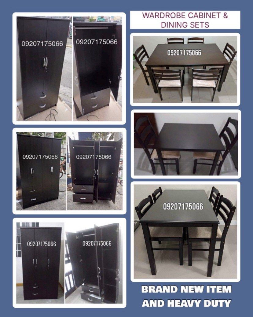 Wardrobe cabinet/dining set (Category: Shelves, Cabinets & Racks) located in Marikina City. Submitted by iam.solar (Listing ID 1460045280, Image 1). Description: SUPPLIER AND MANUFACTURER •HEAVY DUTY AND BRAND NEW ITEMS HOME FURNITURES SINGLE DECK (MILITARY FLAT BAR) •30”x75” = P1,600 •36”x75” = P1,800 •42”x75” = P2,700 •48”x75” = P3,000 •54”x75” = P3,400 SINGLE DECK (TUBE TYPE) •30”x75” = P2,200 •36”x75” = P2,500 •48”x75” = P2,800 •54”x75” = P3,