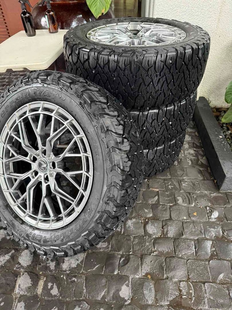 Wheels and Tires for Defender (Category: Mags and Tires) located in Caloocan City. Submitted by zenowl-ce51 (Listing ID 1460002970, Image 2). Description: Wheels and tires for Defender. Practically brand new BF Goodrich T/A KO3 275/55/20 tires, 99% thread. 3/5/25 production date in forged wheels pcd 120. Used for 3 months only for about 3k kms. PHP 100,000.00 only.
