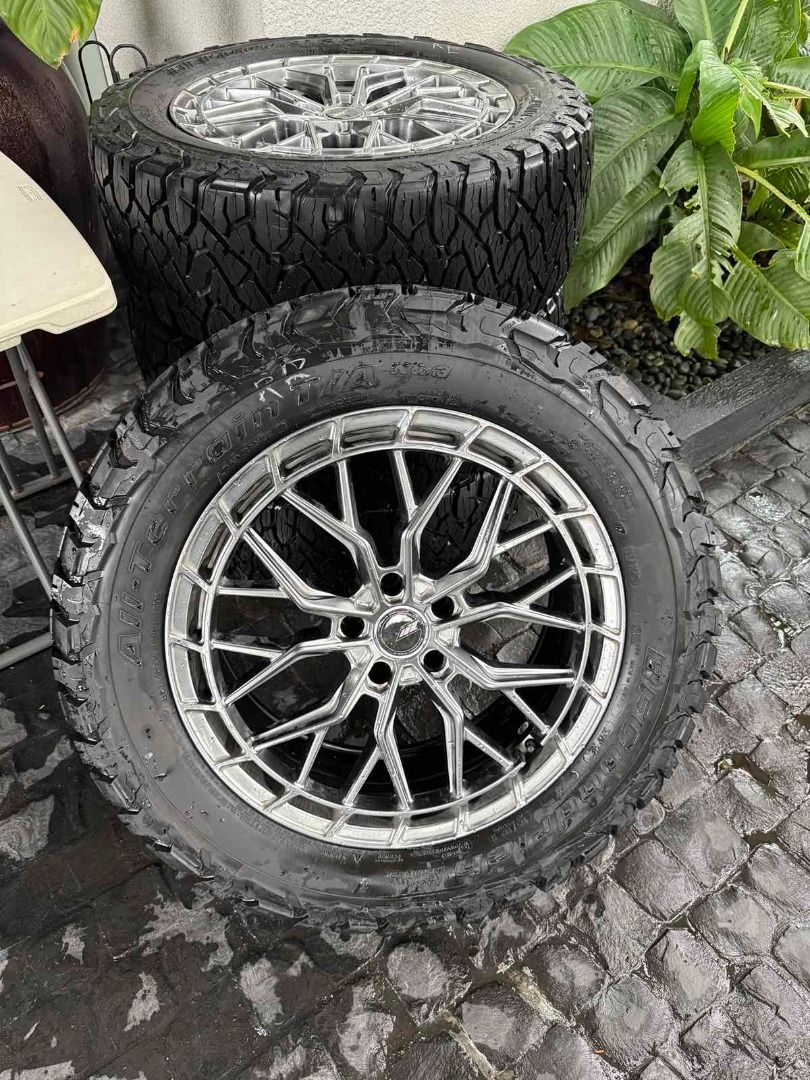 Wheels and Tires for Defender (Category: Mags and Tires) located in Caloocan City. Submitted by zenowl-ce51 (Listing ID 1460002970, Image 1). Description: Wheels and tires for Defender. Practically brand new BF Goodrich T/A KO3 275/55/20 tires, 99% thread. 3/5/25 production date in forged wheels pcd 120. Used for 3 months only for about 3k kms. PHP 100,000.00 only.