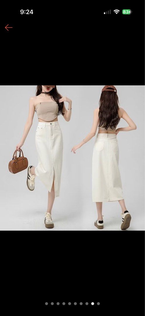 White denim high waisted midi skirt (Category: Skirts) located in Quezon City. Submitted by clothe.kr (Listing ID 1460053136, Image 1). Description: Used once Shop says M (45-50kg) .