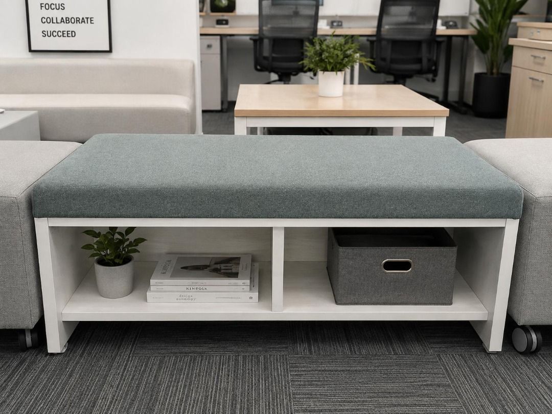 White Storage Bench with Grey Upholstered Seat (Category: Chairs) located in Caloocan City. Submitted by officebuster_chrisitan (Listing ID 1459956347, Image 1). Description: - Stylish white storage bench with a comfortable grey upholstered seat.🇯🇵 - Features two open shelves for convenient storage. - Comes with a matching grey storage bin. - Versatile use: ideal for entryways, living rooms, or bedrooms. - Can serve as a footrest or extra seati
