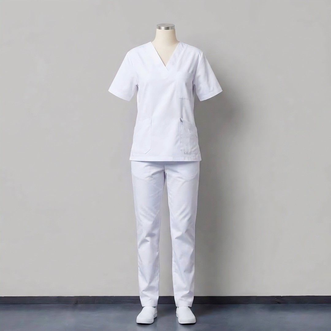 White V-neck Scrub Suit Set (Category: Sets or Coordinates) located in San Fernando. Submitted by kaiddelrosario (Listing ID 1460068302, Image 1). Description: 🎀 Classic white scrub set 🎀 Cotton fabric 🎀 Fits Extra Small (XS) to Small (S) 🎀 Comfortable and practical for work 🎀 Durable uniform, great for medical professionals.