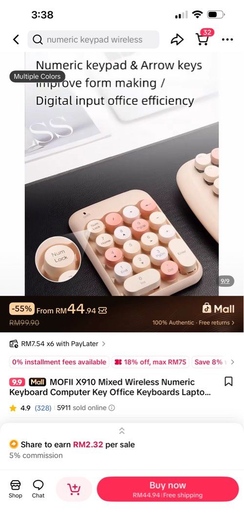Wireless Numeric Keypad (Category: Computer Keyboard) located in Masai. Submitted by siti_syazwani_sidik (Listing ID 1459967857, Image 2). Description: MOFII X910 Mixed Wireless Numeric Keyboard Small Cute Colourful Laptop PC Office Decorate Gift Table.