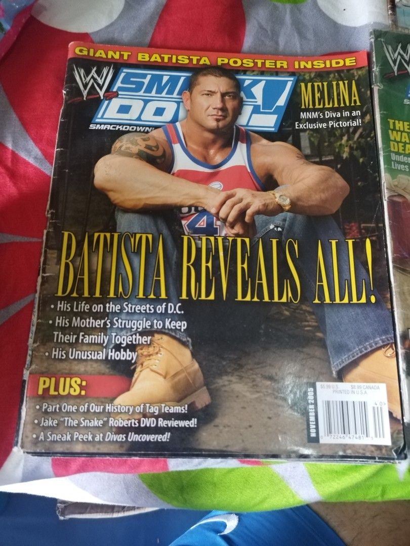 WWE SmackDown Magazine - Batista Cover (Category: Magazines) located in Manila. Submitted by pickerjessie (Listing ID 1460060840, Image 1). Description: - WWE SmackDown magazine featuring Batista on the cover. - Includes a giant, collectible Batista poster inside. - Content also features Melina and other wrestling news. - A must-have for any dedicated WWE fan. - Own a piece of wrestling memorabilia..