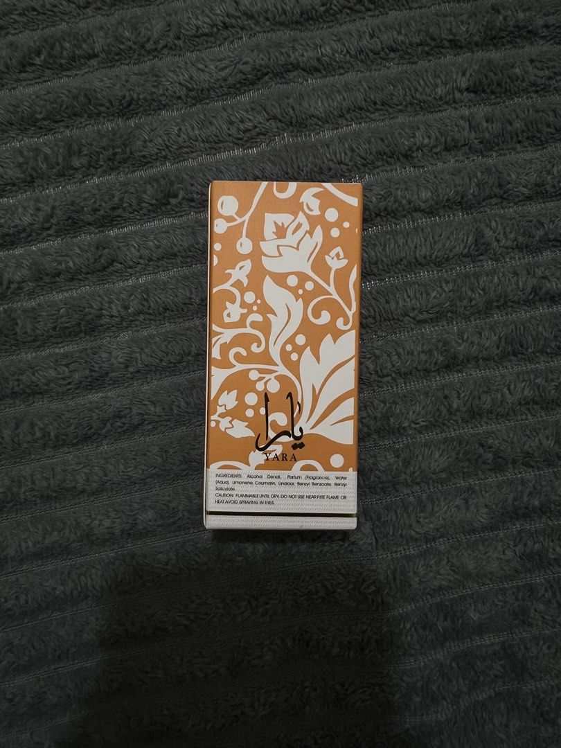 Yara Perfume by Lattafa (Category: Fragrance & Deodorants) located in Manila. Submitted by h.p_virgoni (Listing ID 1460066130, Image 1). Description: - Authentic Yara perfume by Lattafa - Comes in a beautiful patterned box - Ingredients: Alcohol Denat, Parfum (Fragrance), Water - Safety: Keep away from heat and flame, avoid spraying in eyes.
