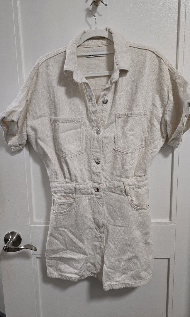 Zara Cream Denim Romper (Category: Jumpsuits) located in Taguig. Submitted by c_rivera (Listing ID 1459934359, Image 3). Description: fits TTS. waist is garterised. like new condition. no stains no snags rfs decluttering.