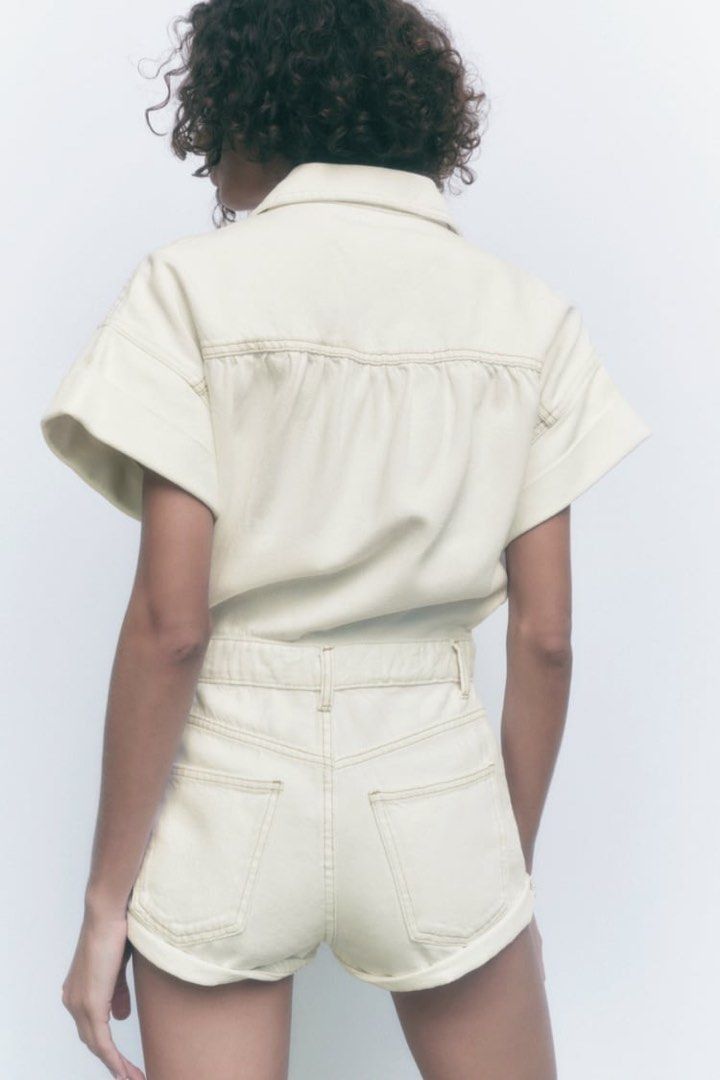 Zara Cream Denim Romper (Category: Jumpsuits) located in Taguig. Submitted by c_rivera (Listing ID 1459934359, Image 2). Description: fits TTS. waist is garterised. like new condition. no stains no snags rfs decluttering.