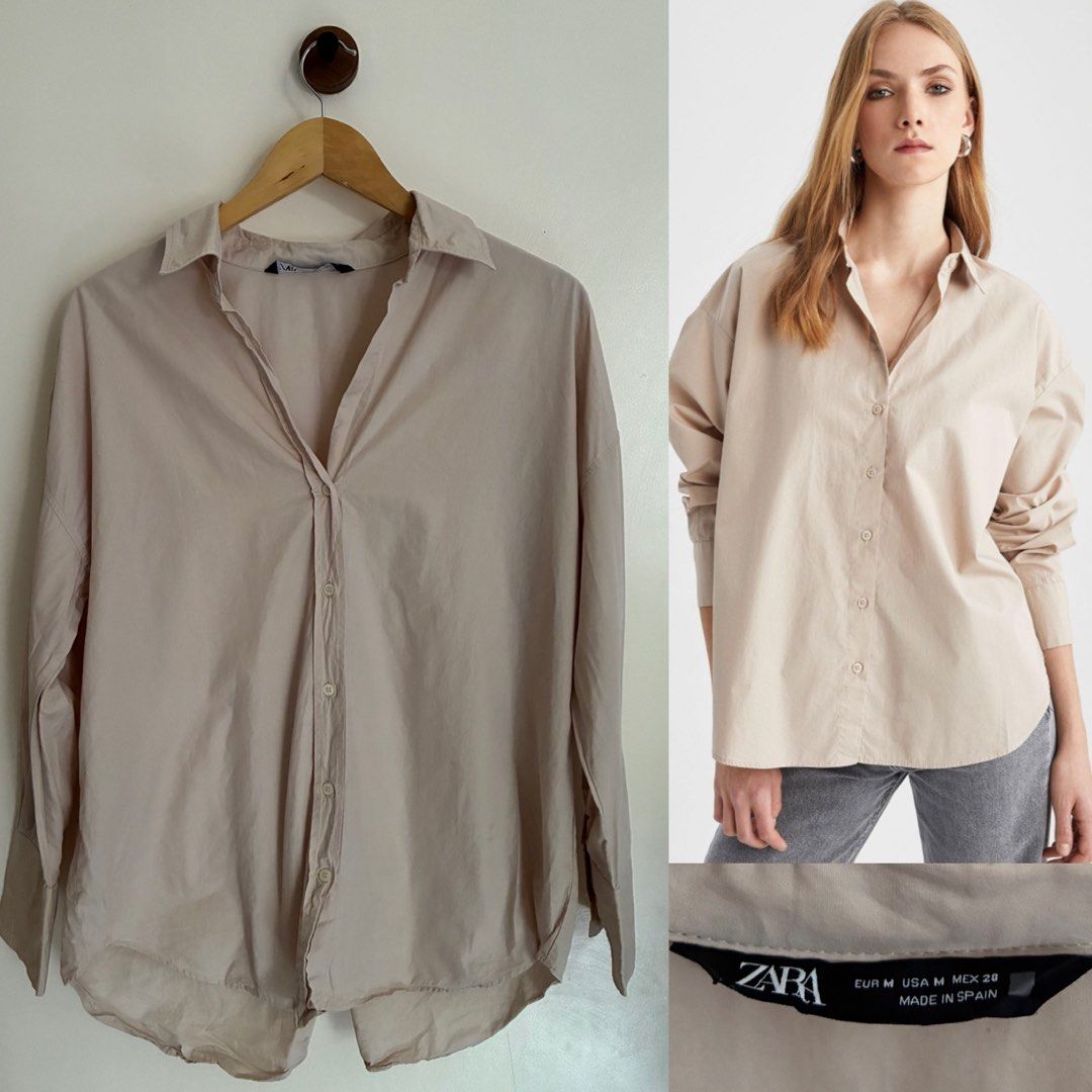Zara Oversized Button-Up Shirt Beige (Category: Longsleeves) located in General Santos City (Dadiangas). Submitted by dresswithaly (Listing ID 1459904791, Image 1). Description: - Classic Zara oversized shirt - Neutral beige color - Button-up front - Relaxed, versatile fit - Made in Spain - Cut washtag - Can fit M-L.