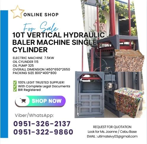 10T VERTICAL HYDRAULIC BALER MACHINE SINGLE CYLINDER (Category: Home Improvement Tools & Accessories) located in Caloocan City. Submitted by vedadacian34812 (Listing ID 1460151582, Image 1). Description: ELECTRIC MACHINE 7.5KW OIL CYLINDER 115 OIL PUMP 325 OVERALL DIMENSION 1450*650*2650 PACKING SIZE 800*400*800 Terms Of Payment 💰50% Down payment Upon Processing 💸 💰50% Upon pick up 💸 ✅ 100% LEGIT TRUSTED SUPPLIER! ✅ With Complete Legal Docume