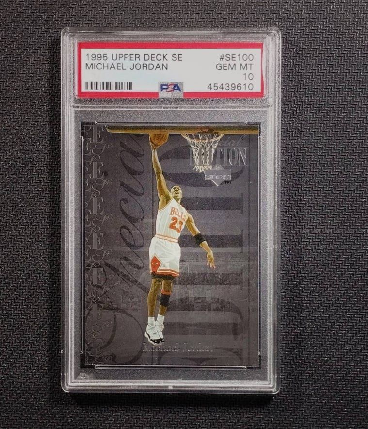 1995 Upper Deck SE Michael Jordan PSA 10 Gem MT Card (Category: Graded Singles) located in Marikina City. Submitted by jaijao (Listing ID 1460138235, Image 1). Description: - 1995 Upper Deck SE Michael Jordan Card - Graded PSA 10 Gem Mint - Card Number: #SE100 - Certification Number: 45439610 - Highly sought-after collectible for basketball fans - Don't miss out on adding this gem to your collection!.