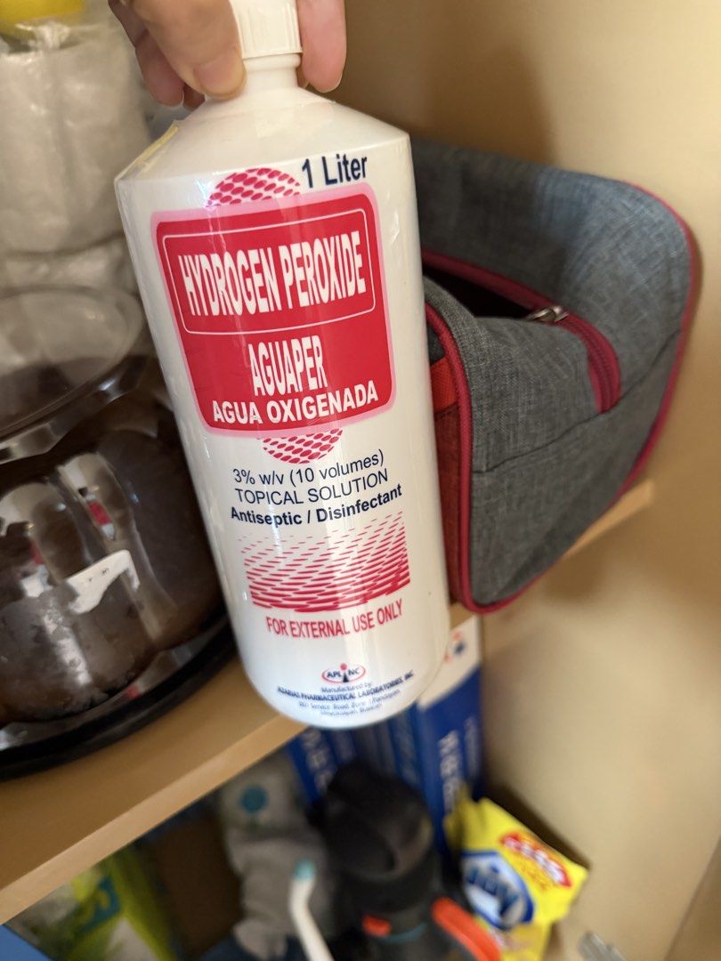1 Liter Hydrogen Peroxide Topical Solution Antiseptic Disinfectant (Category: Bath) located in Quezon City. Submitted by lalaandkiki (Listing ID 1460256510, Image 1). Description: We have 5 or 6 left - 1 Liter bottle of Hydrogen Peroxide - 3% w/v topical solution - Effective antiseptic and disinfectant - For external use only - Manufactured by Azarias Pharmaceutical Laboratories Inc. - Essential household item!.