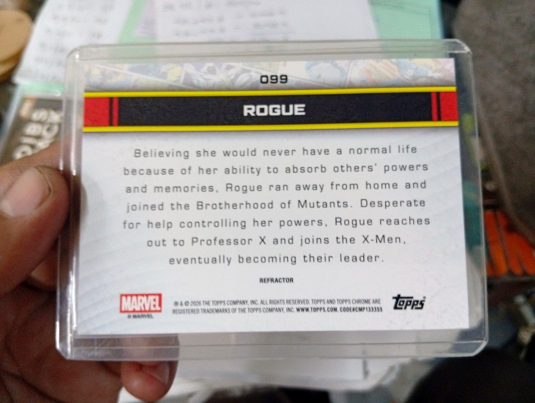 2026 TOPPS CHROME REFRACTOR ROUGE MARVEL PARALLEL CARD (Category: Raw Singles) located in Manila. Submitted by back_to_the_thrift (Listing ID 1460205950, Image 2). Description: 2026 TOPPS CHROME REFRACTOR ROUGE MARVEL PARALLEL CARD Parallel holo Toploader and sleeves included .