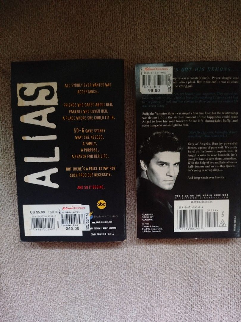 2 Books: Alias & Angel Novels (Category: Storybooks) located in Paranaque City. Submitted by kaceys_closet (Listing ID 1460135204, Image 2). Description: - Two paperback novels for sale: - 'Alias: Recruited': An original prequel story. - 'Angel: City of': Novelization of the series premiere episode. - Ideal for fans of the 'Alias' and 'Angel' TV series..