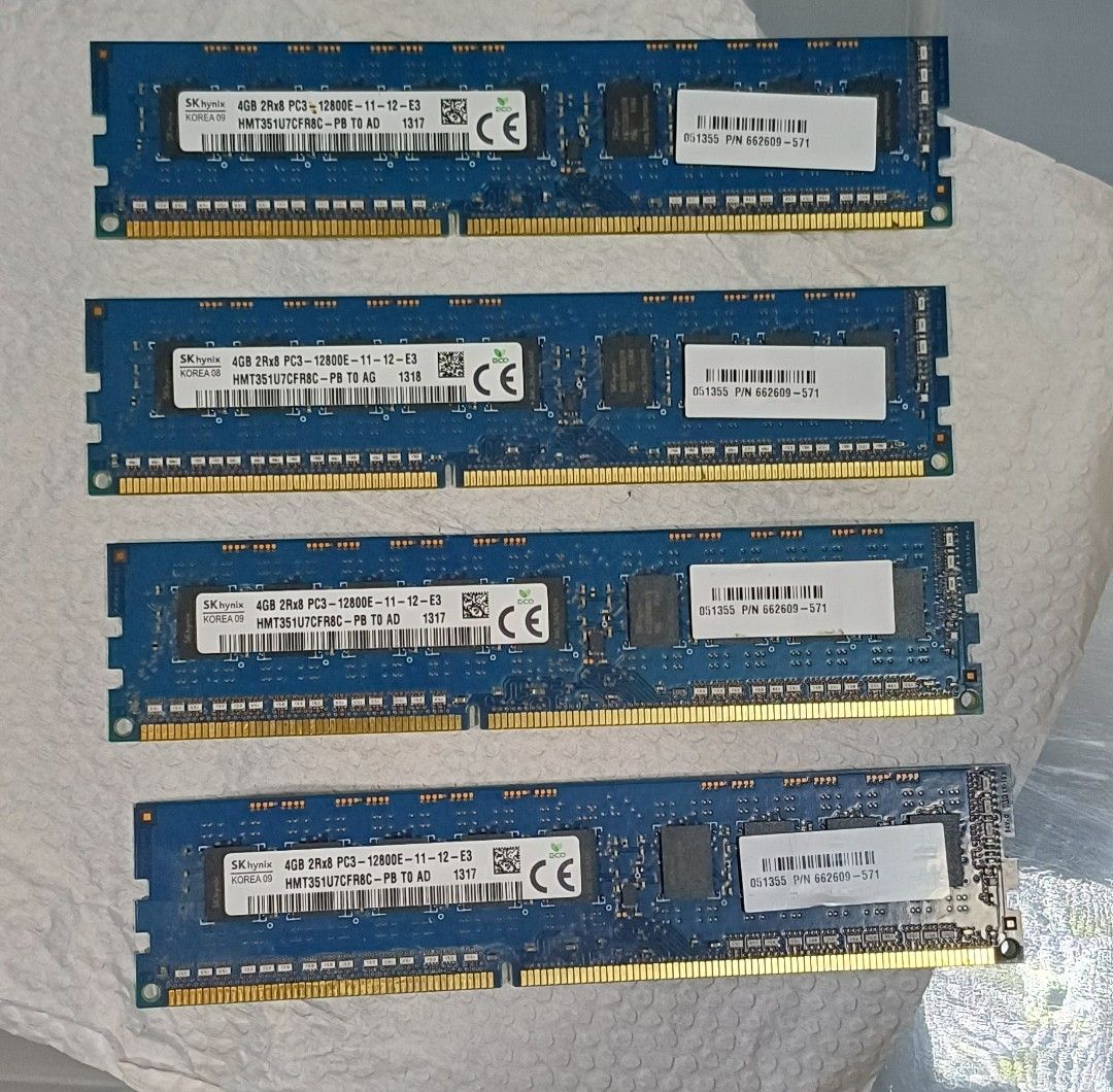 16GB - SK Hynix DDR3 PC3-12800E RAM Modules (Category: Computer Parts) located in Bacoor. Submitted by ricks01 (Listing ID 1460163297, Image 1). Description: - Set of 4, SK Hynix 4GB DDR3 RAM stick - Speed: PC3-12800E / 1333MHz - Part Number: HMT351U7CFR8C-PB - Ideal for desktop or server upgrades - All modules are tested and confirmed working.