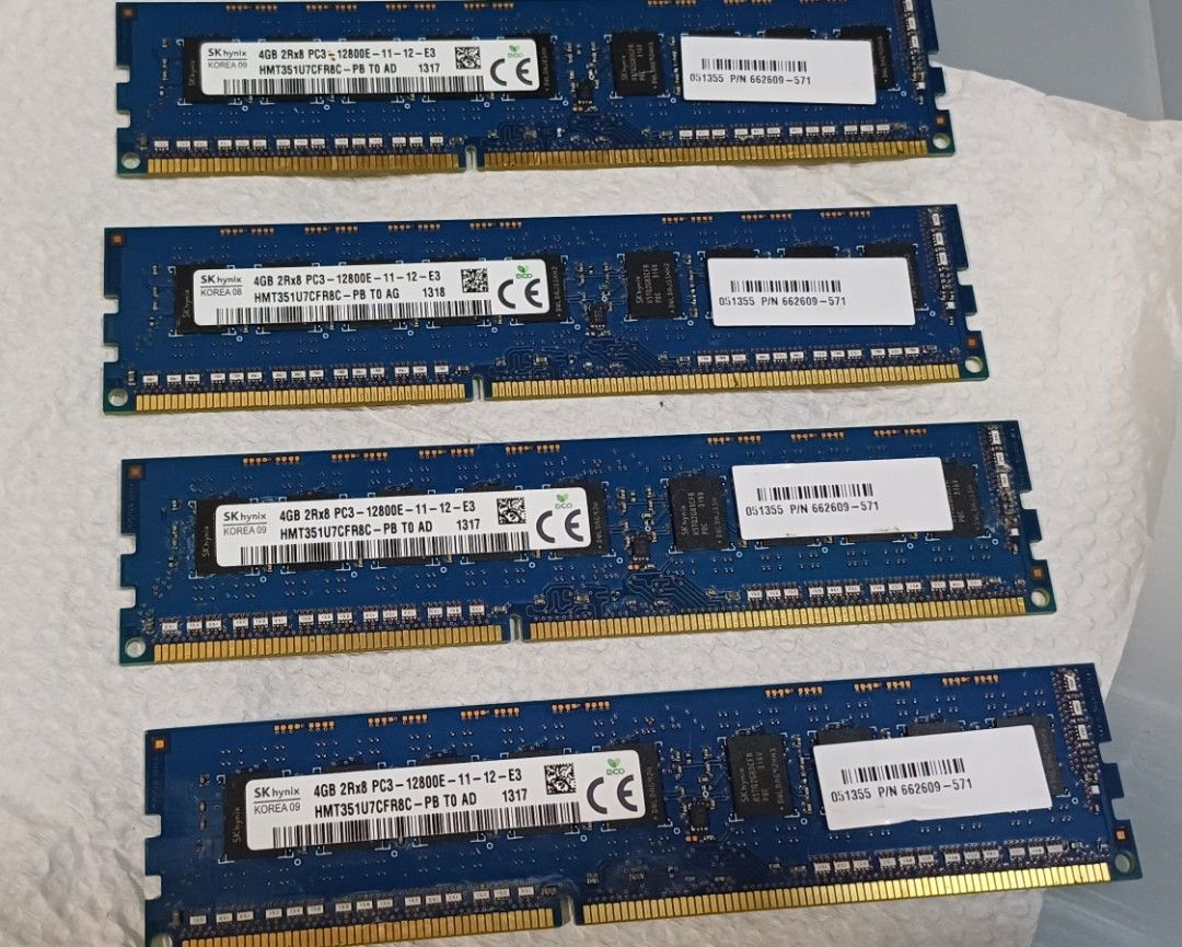 16GB - SK Hynix DDR3 PC3-12800E RAM Modules (Category: Computer Parts) located in Bacoor. Submitted by ricks01 (Listing ID 1460163297, Image 2). Description: - Set of 4, SK Hynix 4GB DDR3 RAM stick - Speed: PC3-12800E / 1333MHz - Part Number: HMT351U7CFR8C-PB - Ideal for desktop or server upgrades - All modules are tested and confirmed working.