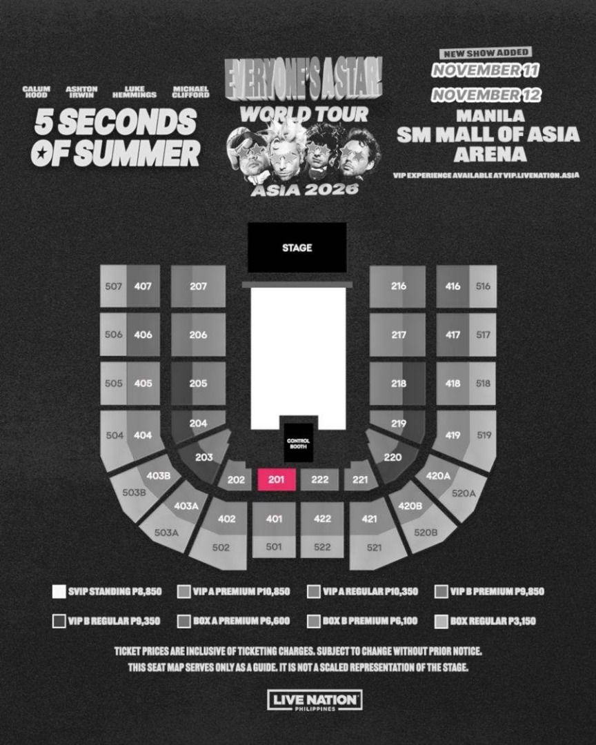 5SOS EAS VIP A REG NOV 12 (less srp) (Category: Events Tickets) located in Quezon City. Submitted by wednesdayonacafe (Listing ID 1460124284, Image 2). Description: ⭐️ (1) VIP A REG 201 for DAY 2 (NOV 12) — selling for srp only or nego if sure buyer: Php 10,000 — tix unclaimed, can claim together around qc/mnl rfs: secured desired seats! .