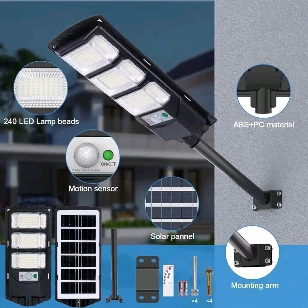 8000W Solar Street Light with Remote Control (Category: Lighting) located in Manila. Submitted by marvieobordo (Listing ID 1460203281, Image 3). Description: - Super bright solar street light - 240 LED lamp beads for powerful illumination - Built-in motion sensor for smart lighting - IP67 waterproof rating, perfect for all weather conditions - Comes with a remote control and mounting arm - Easy to install for hassle-free outdoor lighting.