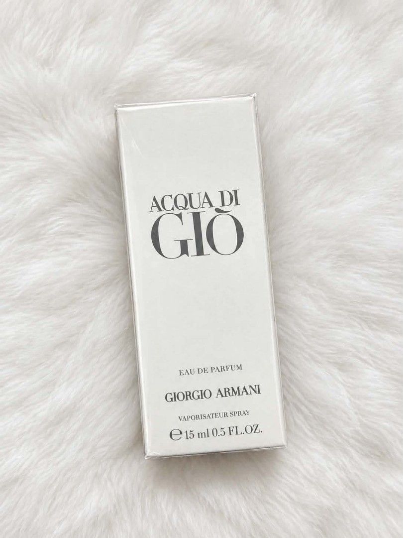Acqua Di Gio (Category: Fragrance & Deodorants) located in Quezon City. Submitted by anj.m1 (Listing ID 1460299807, Image 1). Description: Authentic Giorgio Armani Acqua Di Gio ✨ 15ml, EDP ✨ Brand new and Sealed ✨ Fresh scent.
