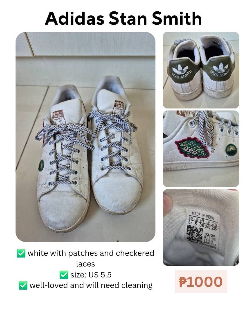 Adidas Stan Smith (Category: Sneakers) located in Quezon City. Submitted by cathyrpillar (Listing ID 1460195830, Image 1). Description: - Adidas Stan Smith sneakers - Size: US 5.5 - Color: White - Features: Unique patches, checkered laces - Condition: Well-loved, requires cleaning - Style: Classic, perfect for collectors.