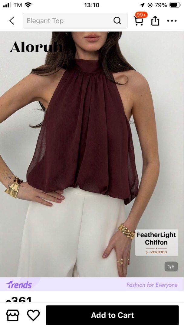 Aloruh FeatherLight Chiffon Halter Neck Top (Category: Sleeveless) located in Manila. Submitted by smdvr27 (Listing ID 1460152823, Image 1). Description: - Chic maroon halter neck top - Brand: Aloruh - Fabric: FeatherLight Chiffon - Features: Pleated detail at neckline, sleeveless - Perfect for: Night out, special occasions - Style tip: Pairs well with white trousers.