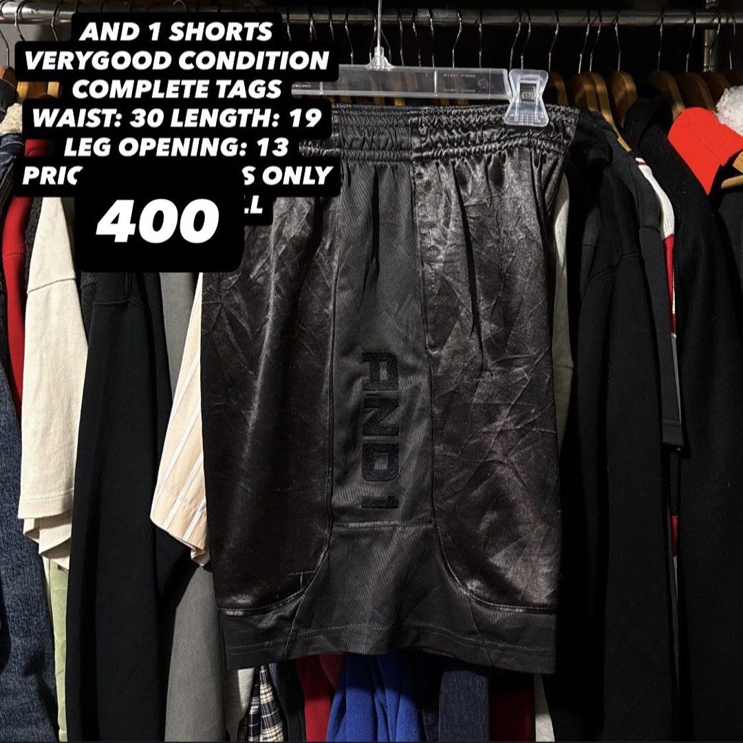 AND 1 Black Basketball Shorts (Category: Shorts) located in Caloocan City. Submitted by bonsatocha43876 (Listing ID 1460195481, Image 1). Description: - Brand new shorts, L size - Waist: 30 inches - Length: 19 inches - Leg opening: 13 inches - Complete tags still attached - Price: 400.