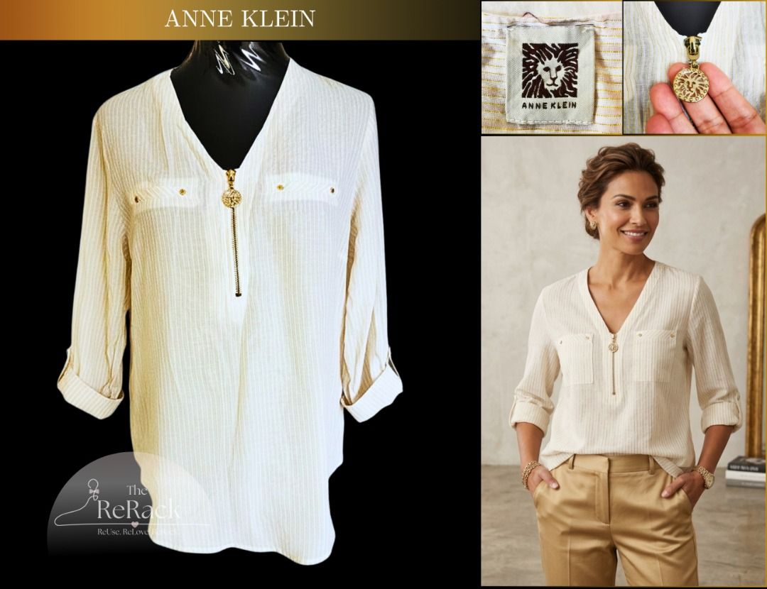 ANNE KLEIN METALLIC STRIPE BLOUSE (Category: Longsleeves) located in Calamba. Submitted by rackme (Listing ID 1460232324, Image 1). Description: 👕 ANNE KLEIN METALLIC STRIPE BLOUSE 🔥 NOW ₱145 ONLY!! ᴏʟᴅ ᴘʀɪᴄᴇ: ₱175.