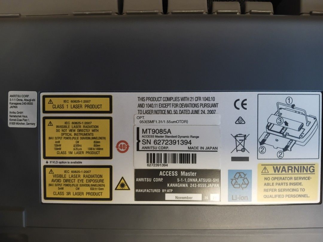 Anritsu MT9085A -OTDR (Category: Electrical, Adaptors & Sockets) located in Las Pinas. Submitted by johnquijano-0125 (Listing ID 1460113180, Image 2). Description: - Anritsu ACCESS Master MT9085A - Standard Dynamic Range unit - Includes main unit, carrying case, power adapter, battery and cables - All items in original box - Tested and working .