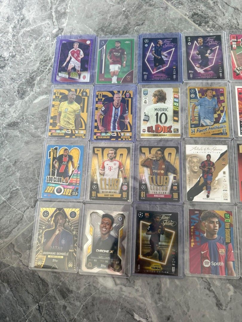 Assorted characters (Category: Raw Cards) located in Singapore. Submitted by pedri8k (Listing ID 1460194271, Image 1). Description: Mika biereth/250:15$ paqueta/99:$20. dimarco:$4 cole Palmer:$7 vini jr:$23 haaland golden baller:$23 modric:$8 halland le:$7 mbappe 100 club:$9 harry kane 100 club:$7 Ronaldo hi 100 club:$13 dembele ultimate baller:$20 estavao chrome x:$20 yamal time to shine:$30 hakimi:$15 dovbyk chrome x:$5 guirassy:$7 Diego someon