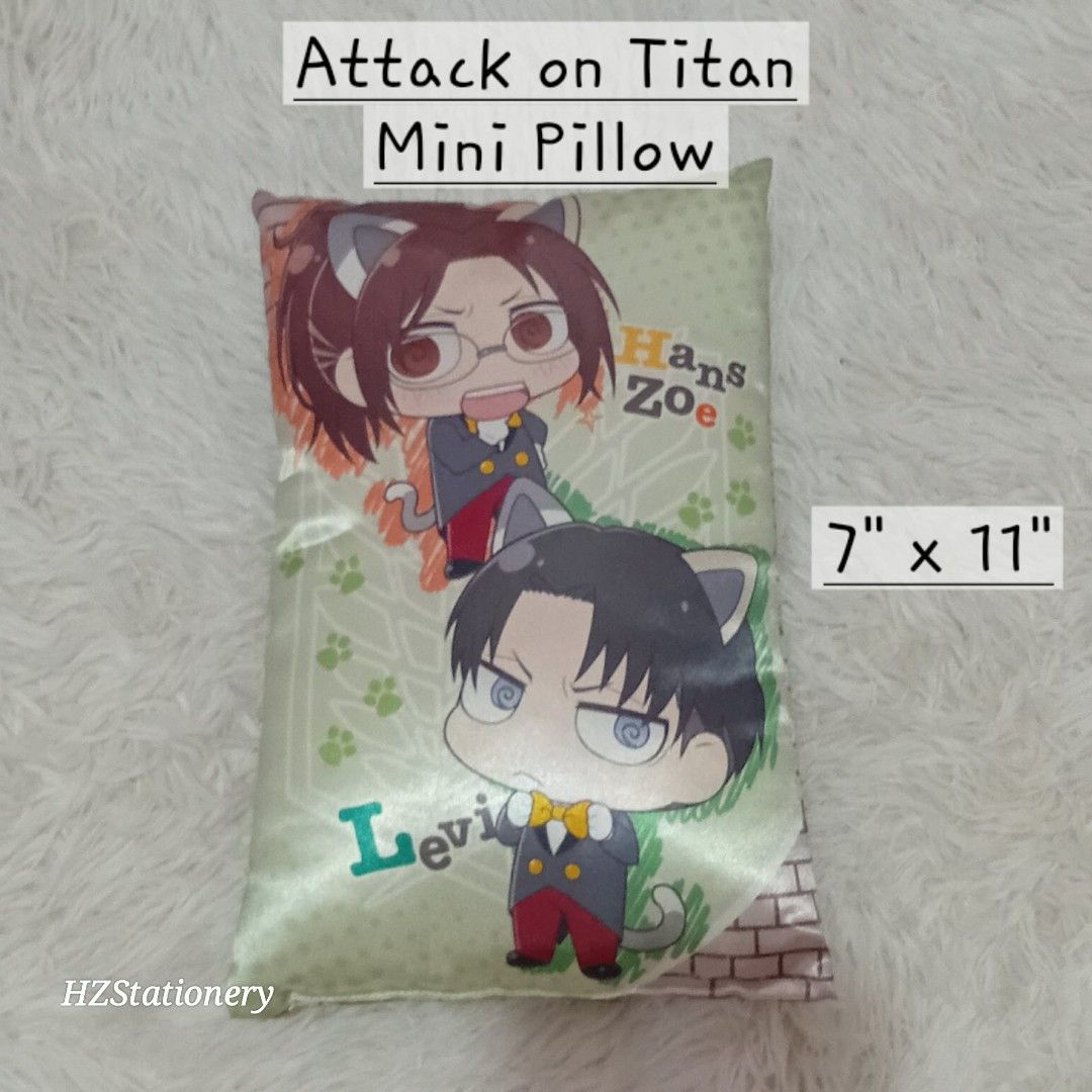 Attack on Titan Mini Pillow Hange Zoe Levi Ackerman (Category: Plushies & Soft Toys) located in Manila. Submitted by hzdeclutterstuffscollectionsph (Listing ID 1460286030, Image 1). Description: 🔴please send 📩 on my blue app HZ STATIONERY due to reply limit ni caro ✅size: approx. 7"*11" ‼️PLEASE READ👇‼️ ⚠️items are SOLD AS IS. ❕WYSIWYG ⚠️Limit your expectations, items are from HK/Japan box (some are brand new/unused /with signs of use) ☺ ⚠️so,