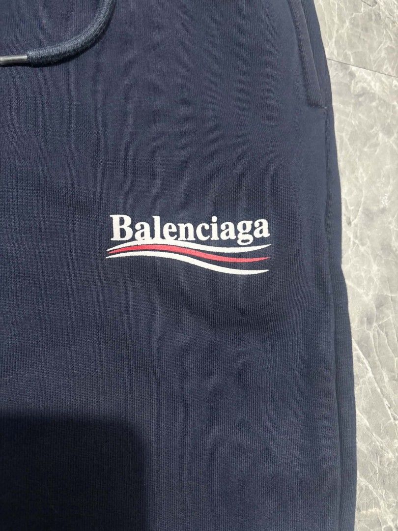 B4lenci4g4 Campaign Logo (Navy) Sweat Pants (Category: Joggers) located in Baguio. Submitted by chr0m3_h3arts (Listing ID 1460286545, Image 2). Description: Balenciaga Campaign Logo (Navy) Sweat Pants M on TAG Issue: Small Pin hole on the back Dimes: 27 - 33 Waistline adjustable Length: 36 inches Leg opening: 5.5 inches 🏷550.