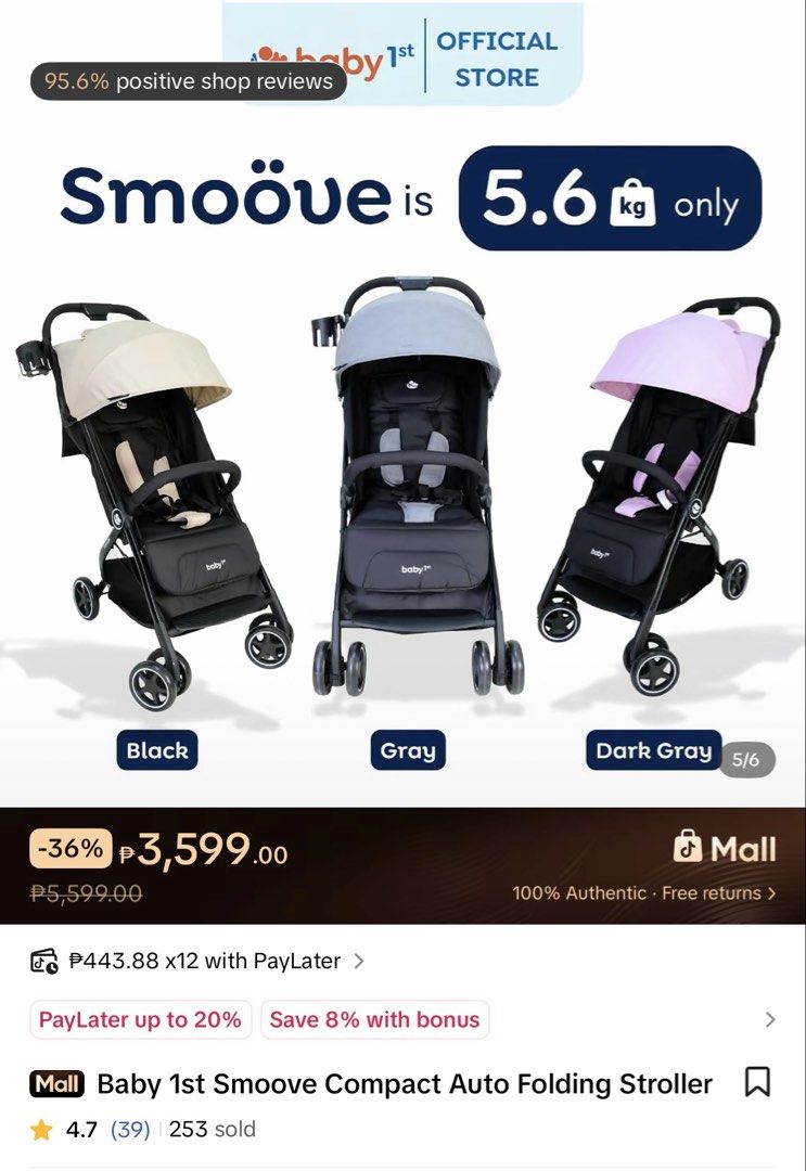 Baby 1st Smoove Compact Auto Folding Stroller (Category: Strollers) located in Victoria. Submitted by lovespreloved7 (Listing ID 1460215821, Image 2). Description: - Ultra-lightweight at only 5.6kg - Automatic folding mechanism for easy storage - Includes a spacious storage basket - Comes with a convenient bottle holder - Additional storage pocket for essentials - Designed with air ventilation for comfort - Equipped with dual brakes for enhanced 