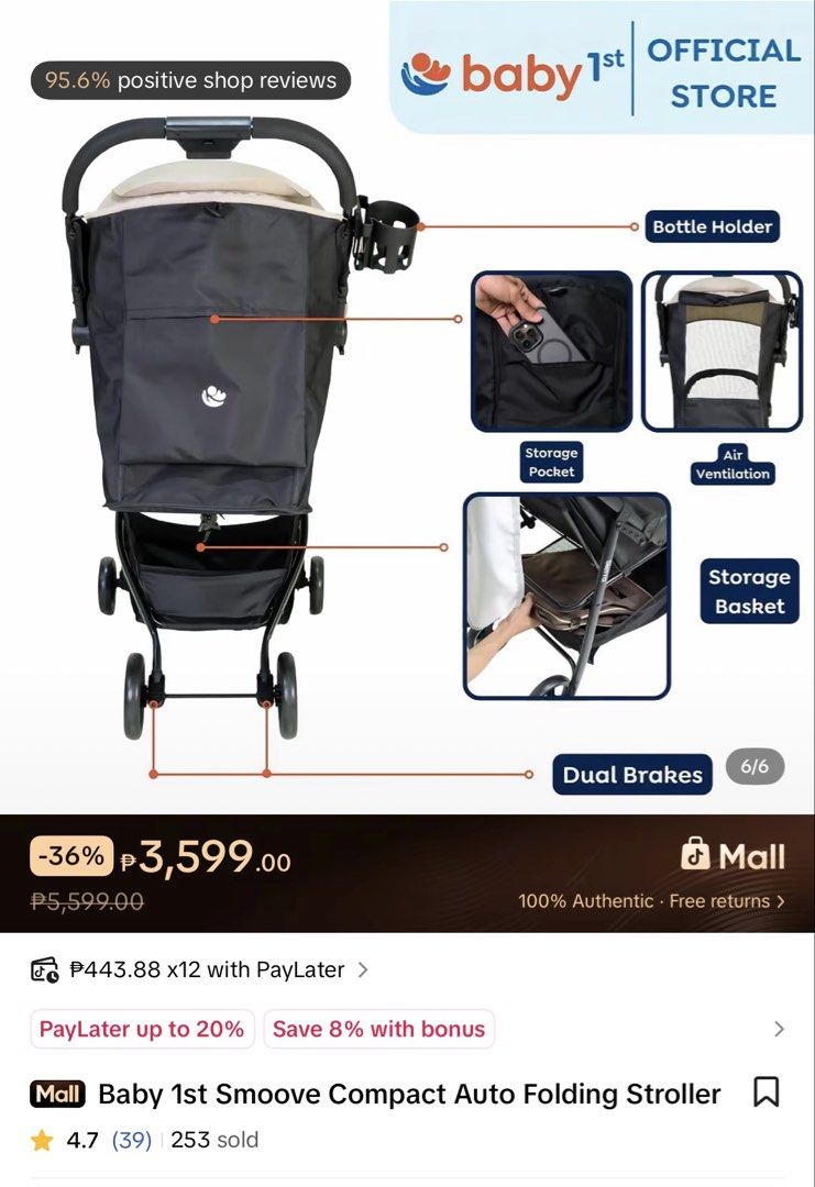 Baby 1st Smoove Compact Auto Folding Stroller (Category: Strollers) located in Victoria. Submitted by lovespreloved7 (Listing ID 1460215821, Image 1). Description: - Ultra-lightweight at only 5.6kg - Automatic folding mechanism for easy storage - Includes a spacious storage basket - Comes with a convenient bottle holder - Additional storage pocket for essentials - Designed with air ventilation for comfort - Equipped with dual brakes for enhanced 
