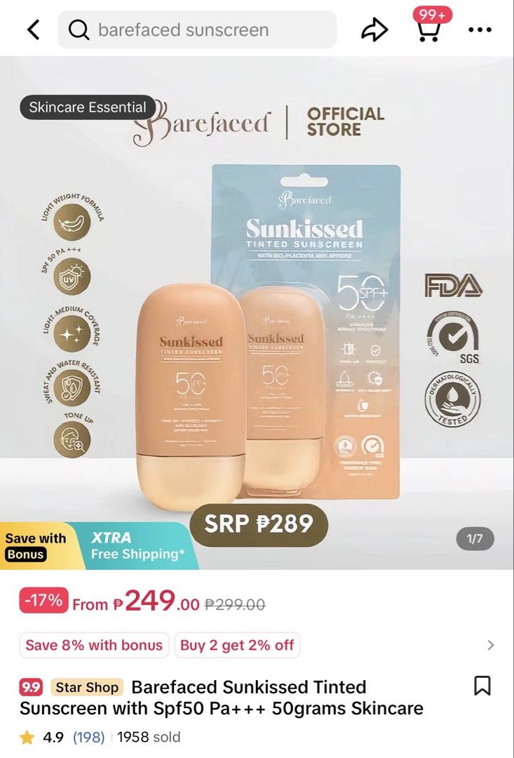 Barefaced Sunkissed Tinted Sunscreen (Category: Makeup) located in Manila. Submitted by cabugayan160058 (Listing ID 1460262778, Image 2). Description: OG shade used once for tiktok content ₱ 150 (og price 289).