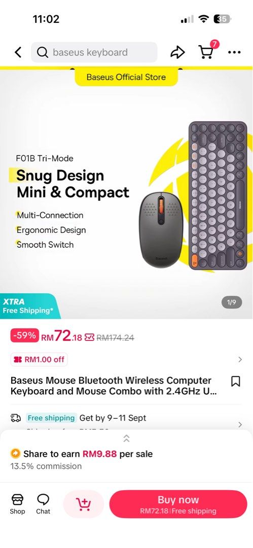 Baseus Bluetooth Computer Keyboard (Category: Computer Keyboard) located in Shah Alam. Submitted by imryasin (Listing ID 1460131799, Image 2). Description: doesn’t come with mouse using 2 battery triple A dongle ✅ bluetooth ✅.
