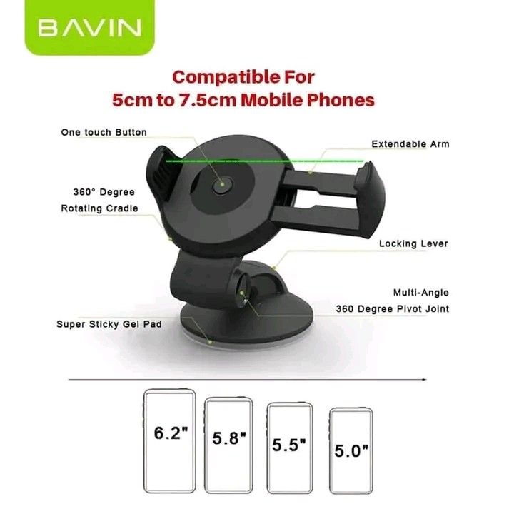 BAVIN Car Phone Holder Mount 360 Rotation Suction Cup (Category: Mounts & Holders) located in Manila. Submitted by iliasjen3082126 (Listing ID 1460184659, Image 3). Description: - BAVIN Car Phone Holder - Secure suction cup mounting - 360-degree rotation for adjustable viewing angles - Perfect for navigation and hands-free calls - Simple to attach and remove - Compatible with most smartphones.