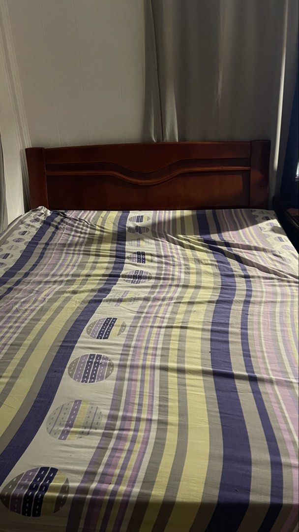 Bed Frame + Uratex foam (Category: Bed Frames & Mattresses) located in Quezon City. Submitted by ongxmei (Listing ID 1460170072, Image 2). Description: Package comes with: 1. 1 queen size bed imported from china (can be disassembled, marks are visible) 2. 1 softair queen size mattress (stains are visible) 3. 1 uratex queen size mattress (lightly used) Can be sold separately. Kindly message me. Rfs: not being used anymore. Clutter in the room (ple