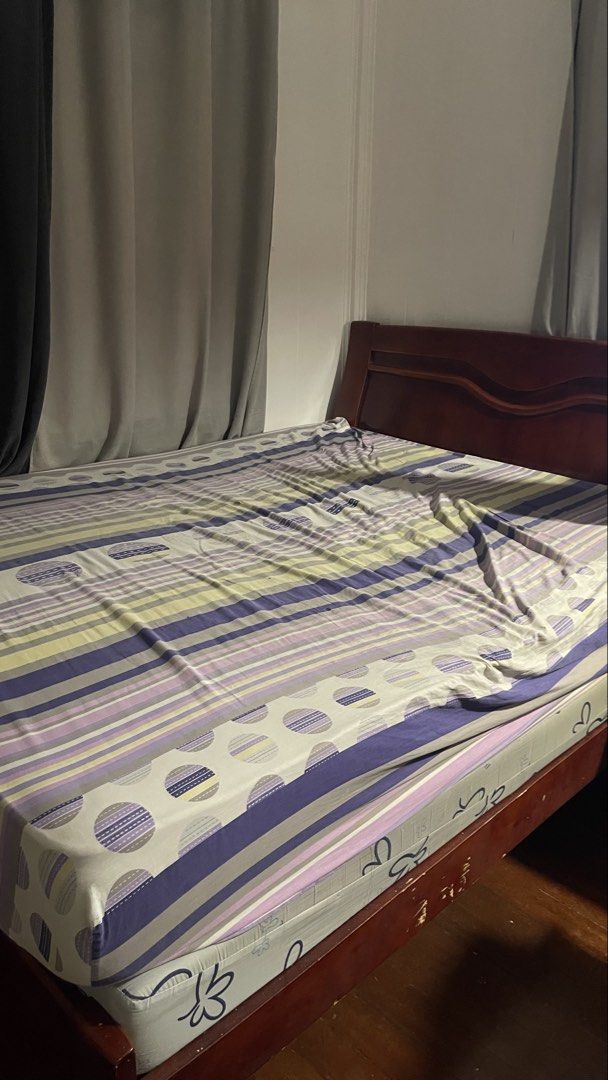 Bed Frame + Uratex foam (Category: Bed Frames & Mattresses) located in Quezon City. Submitted by ongxmei (Listing ID 1460170072, Image 3). Description: Package comes with: 1. 1 queen size bed imported from china (can be disassembled, marks are visible) 2. 1 softair queen size mattress (stains are visible) 3. 1 uratex queen size mattress (lightly used) Can be sold separately. Kindly message me. Rfs: not being used anymore. Clutter in the room (ple
