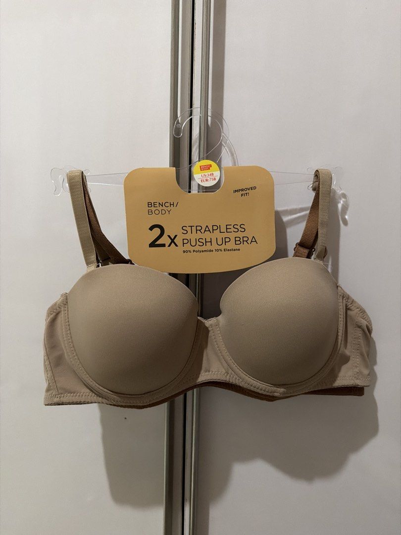 Bench Body 2x Strapless Push Up Bra (Category: Undergarments & Loungewear) located in Manila. Submitted by ellejin (Listing ID 1460224433, Image 1). Description: - Size: 34B - Colors: Beige, Rust, Nude, Black - Material: 90% Polyamide, 10% Elastane - Detachable straps - Perfect for strapless outfits - Condition: Brand new, in original packaging - RFS: wrong size - 250 individually ❌ Black and nude pair already sold .
