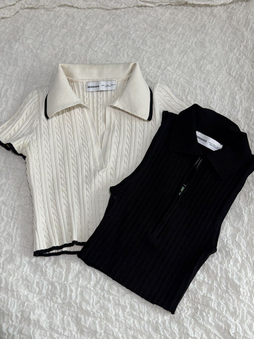 Bershka collared top bundle (Category: Blouses) located in Manila. Submitted by prelovedby_lou (Listing ID 1460156981, Image 1). Description: - Two authentic branded tops | bought at the mall. - rfs: I don't use them anymore Item 1 (400 if 1 item only) - medium on tag - bershka cream cable knit collared shirt - no issues Item 2 (350 if 1 item only) - small on tag - bershka black zip up top - no issues.