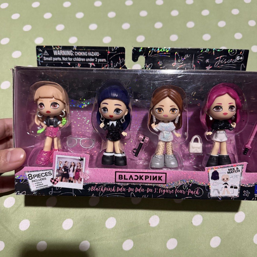 Blackpink Figure Four-Pack (Category: Designer & Blind Box Toys) located in Las Pinas. Submitted by chocolemon (Listing ID 1460255282, Image 1). Description: - Blackpink Ddu-Du Ddu-Du 4-figure set - Includes 4 dolls and 4 bonus accessories - Mix and match outfits for members - Ideal for BLINK fans - Packaging features members and their outfits.