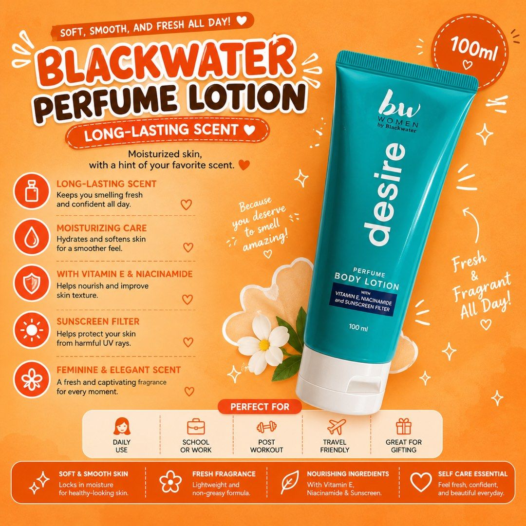 Blackwater Perfume Body Lotion (Category: Body Care) located in Navotas City. Submitted by ohyeinz (Listing ID 1460205456, Image 1). Description: Blackwater Women Desire Perfume Body Lotion 🩵 100ml perfume body lotion with Vitamin E, niacinamide, and sunscreen filter. Keeps skin moisturized while leaving a fresh, feminine fragrance. ✨🌷.
