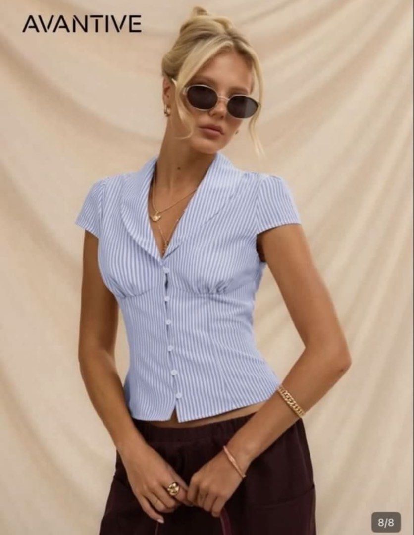 Blue & White Striped Top | Y2K (Category: Others Tops) located in Rizal. Submitted by gracefullykept (Listing ID 1460191108, Image 2). Description: - Item: Cap sleeves, lapel collar, button-up front, fitted bustier seam - Size: XS- S - Vibe: Y2K, Office Siren, Smart Casual 🚛 MOD: J&T / Lalamove 💰 MOP: GCash 💌 Send a direct message for when worn.