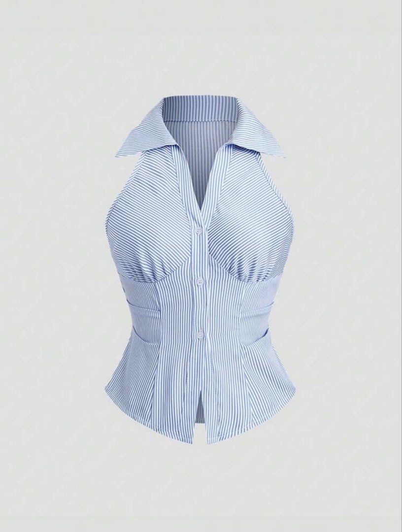 Blue and White Striped Halter Neck Collared Top (Category: Blouses) located in Manila. Submitted by preloved.petitegirlie (Listing ID 1460148398, Image 1). Description: from shein's sweetra.